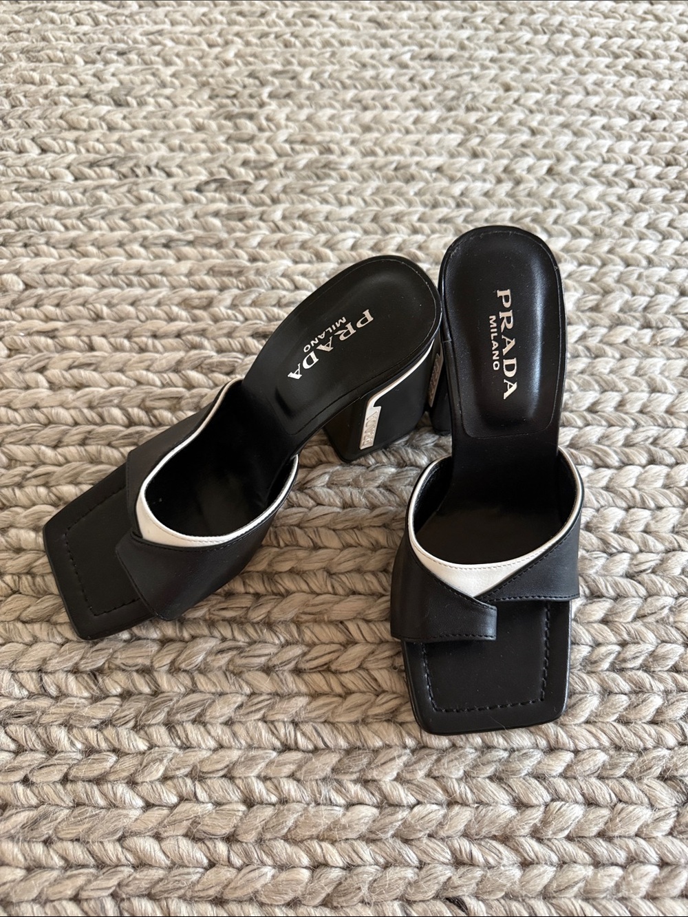 Prada Black and White Square-Toe Chunky Heels